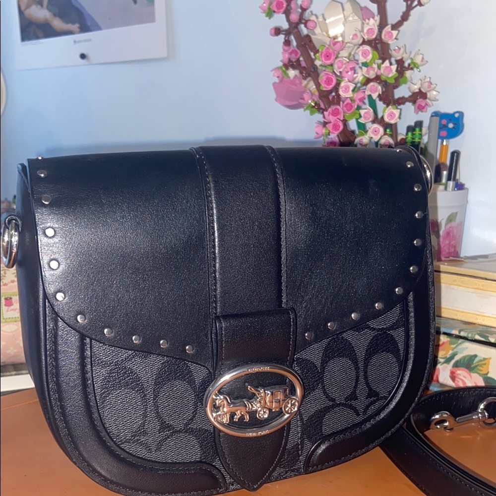 Coach Georgie Saddle bag, colorblock signature canvas with rivets, and buckles